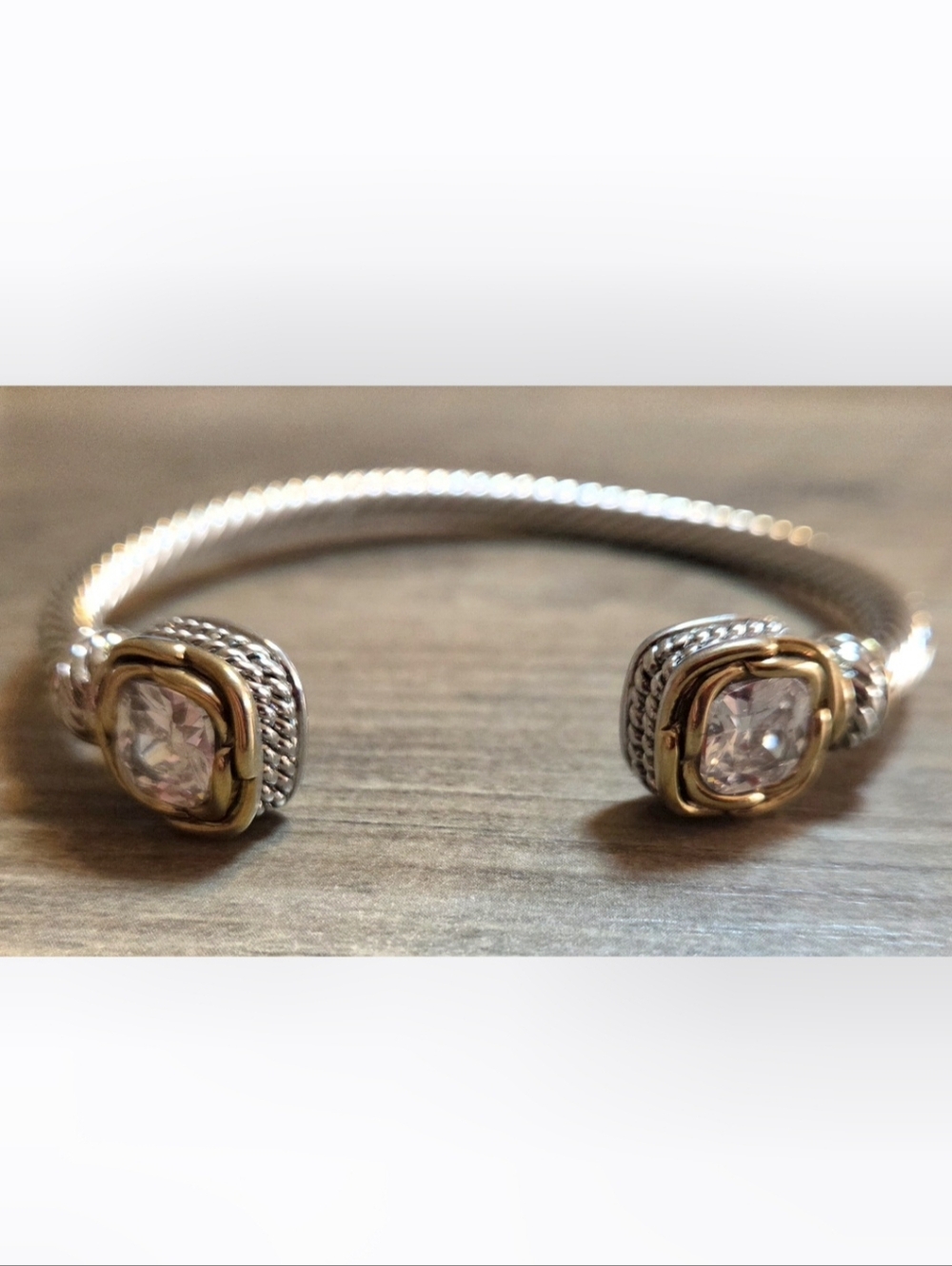 Silver And Gold Tone Open Cuff Bracelet with Textured Ends